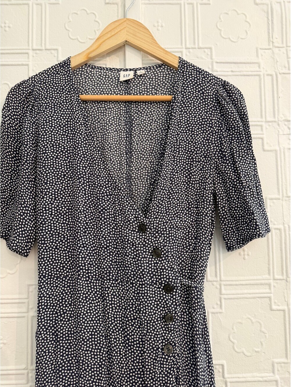 GAP Navy Blue Polka Dot Side Button Wrap Midi Dress S - Picture 2 of 12